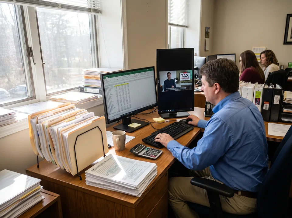 CPA reviewing a short captioned tax deadline video at a desk during tax season
