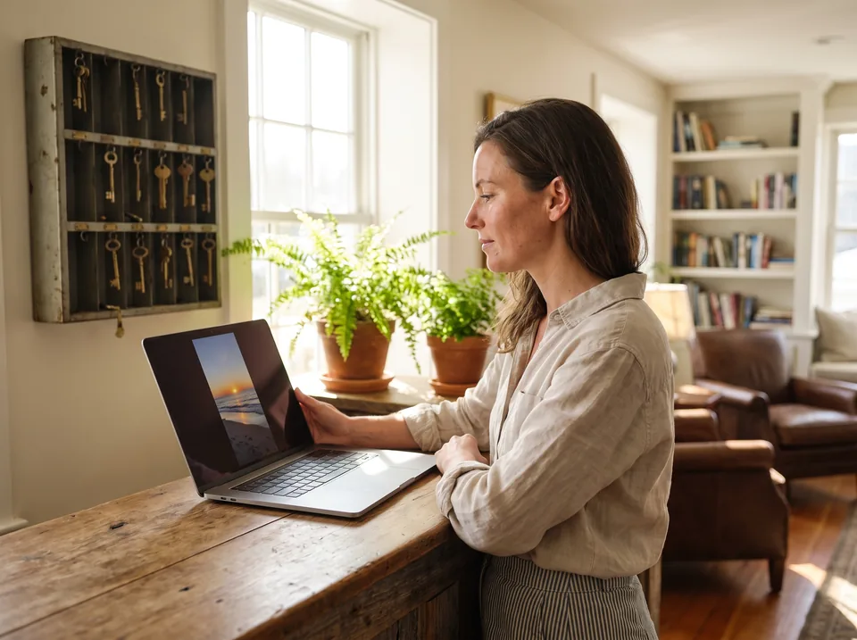 Boutique hotel front desk manager reviewing a short marketing video on a laptop