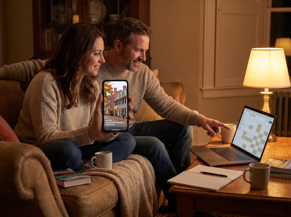Couple planning a weekend trip while watching a short hotel video on a phone