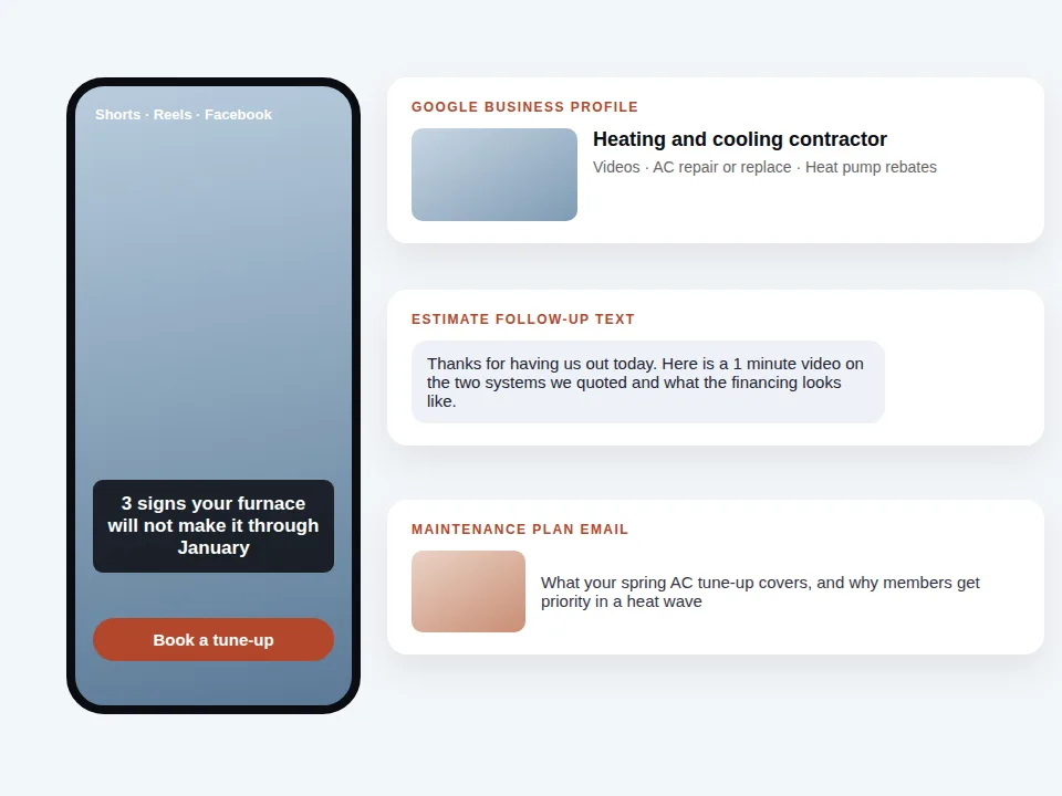 Mockup of HVAC videos on YouTube Shorts, a Google Business Profile, an estimate follow-up text, and a maintenance plan email
