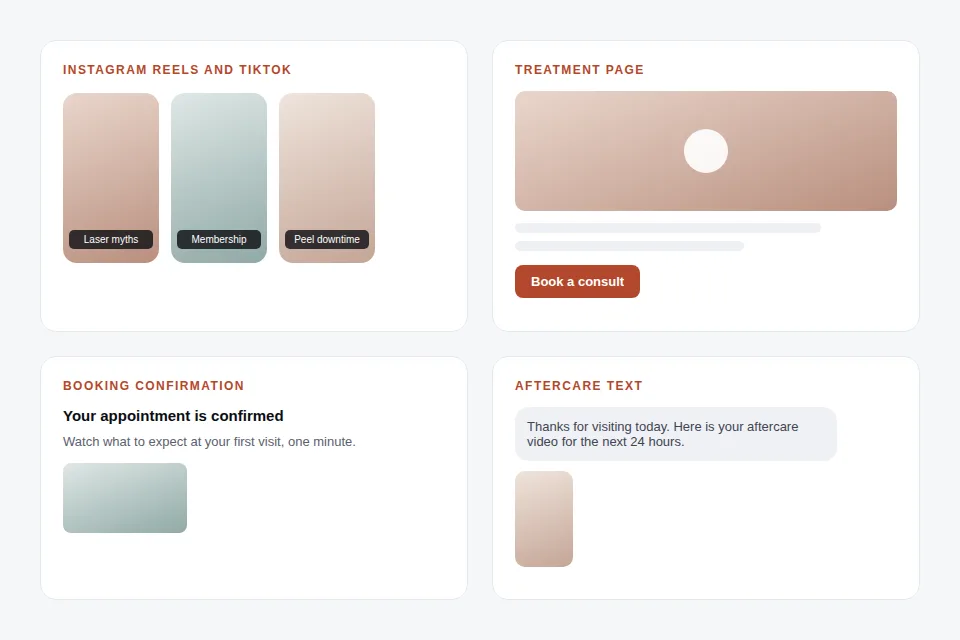 Mockup of med spa videos on Instagram Reels, a treatment page above the booking button, a booking confirmation, and an aftercare text