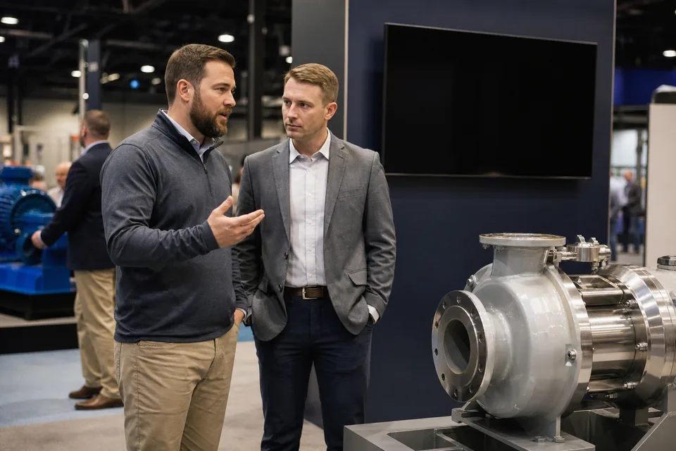 Sales engineer talking with a plant manager beside an industrial pump at a manufacturing trade show booth