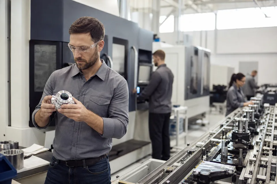 Engineer inspecting a machined part on a modern manufacturing plant floor
