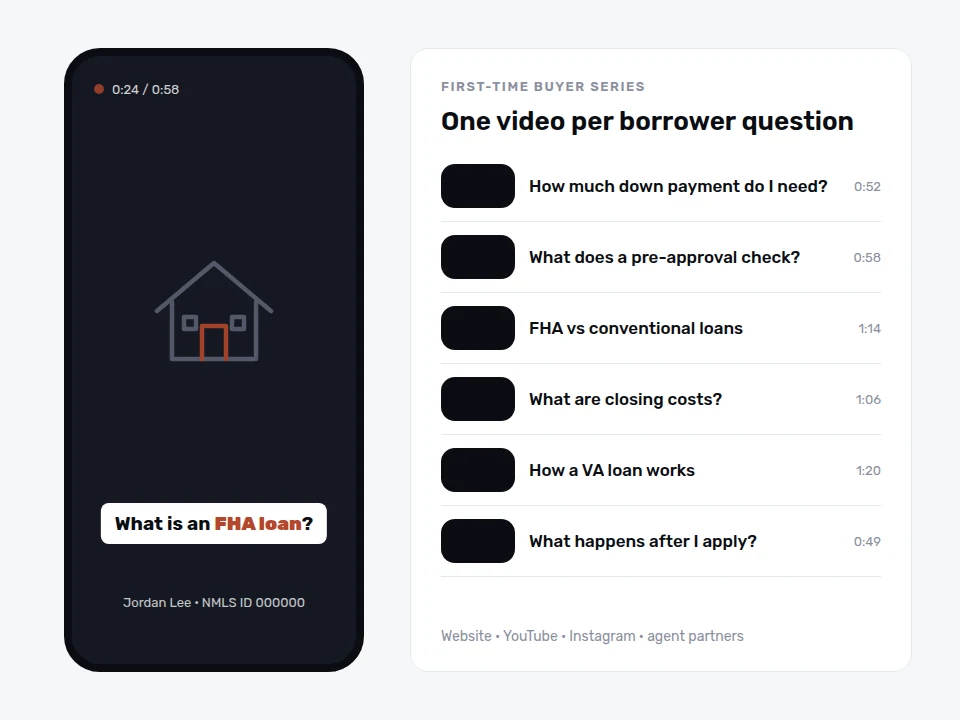 Vertical mortgage explainer video on a phone beside a first-time buyer video series list