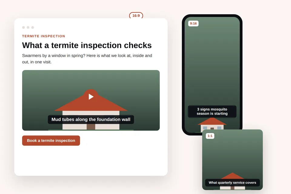 Mockup of a termite inspection service page answer turned into captioned 9:16, 1:1, and 16:9 pest control videos