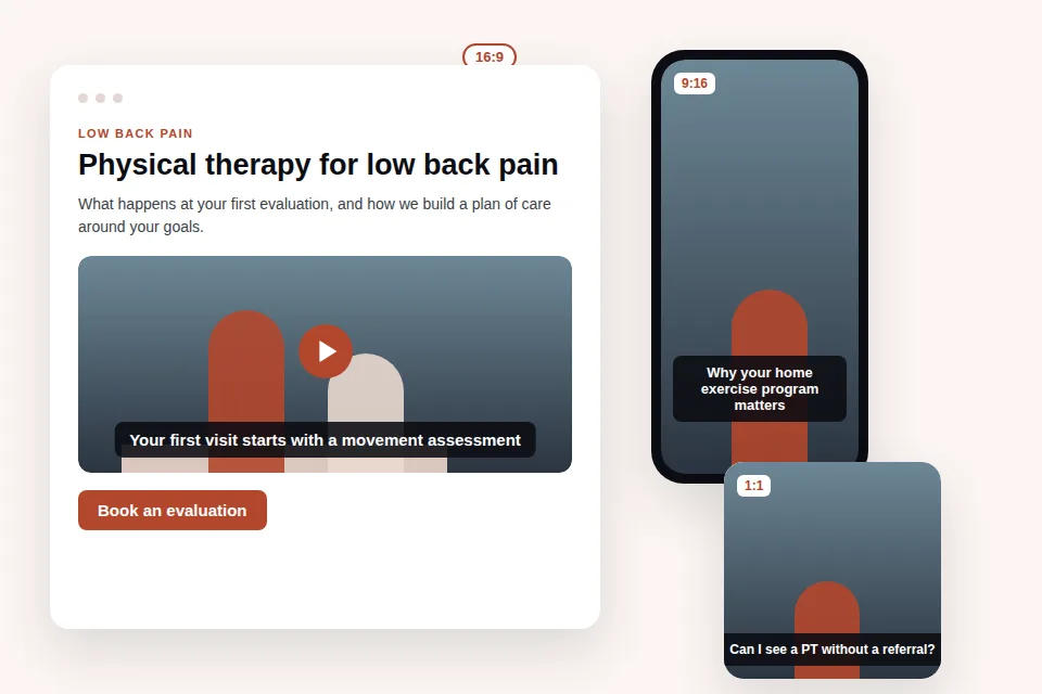 Mockup of a low back pain service page answer turned into captioned 9:16, 1:1, and 16:9 physical therapy videos