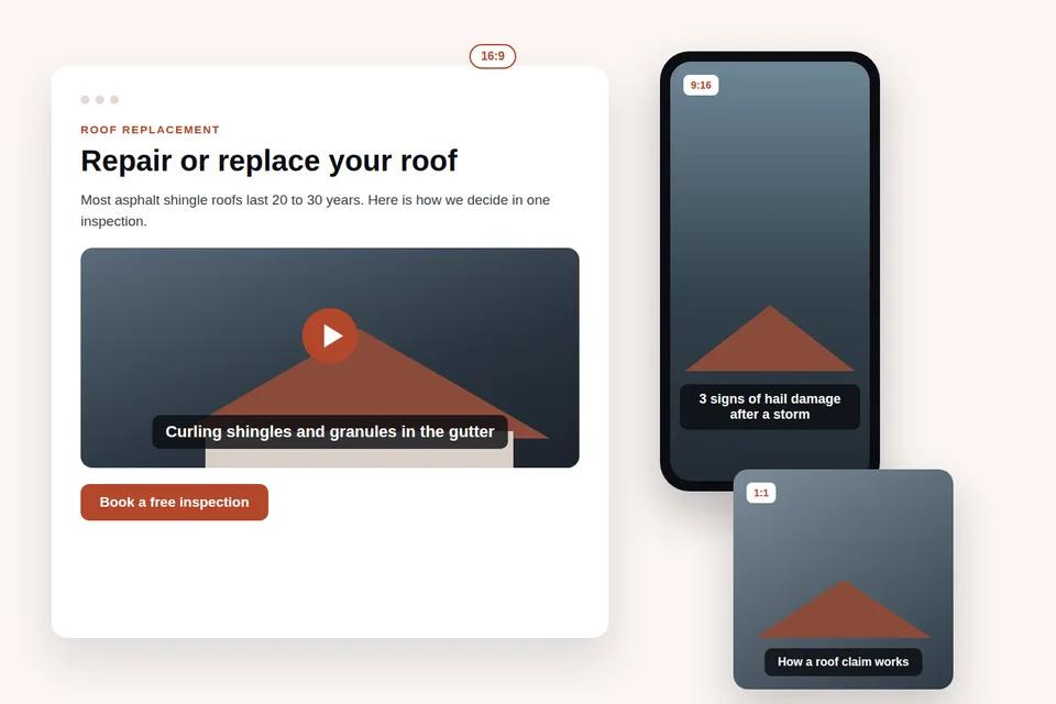 Mockup of a roof repair or replace service page answer turned into captioned 9:16, 1:1, and 16:9 roofing videos